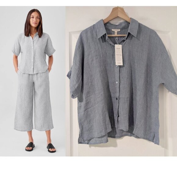 NWT Eileen Fisher | Striped Organic Linen Crinkle Short-Sleeve Shirt - Picture 1 of 11